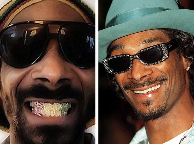 Snoop Dogg with and without teeth grillz