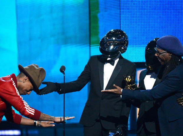 Daft Punk and Pharrell William on stage at the Gra