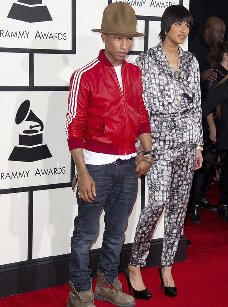 Pharrell and his wife Grammys Arrivals 2014