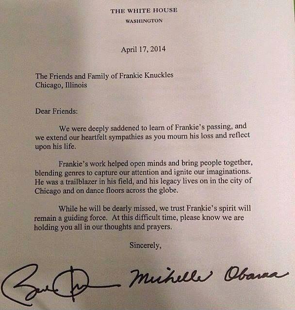 Obamas letter to Frankie Knuckles Family