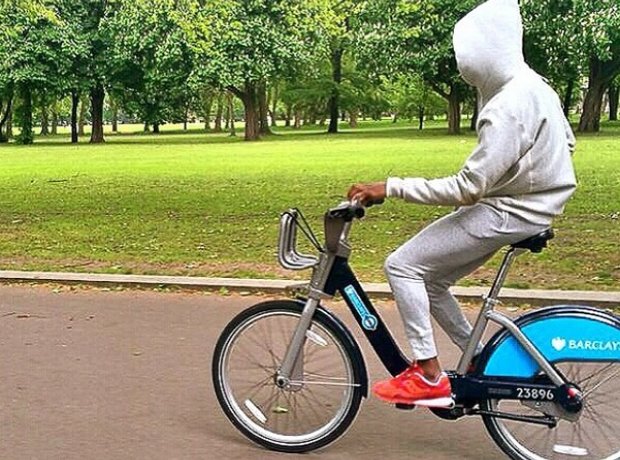 Tinie Tempah riding a boris bike