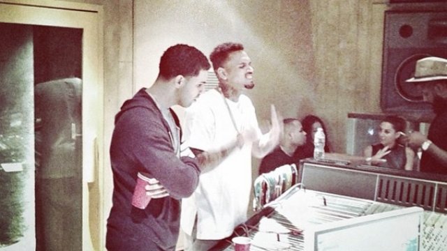 Drake and Chris Brown in the recording studio