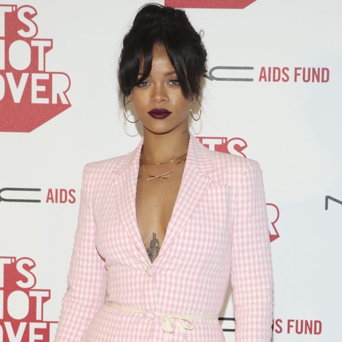 Rihanna in pink two-piece suit