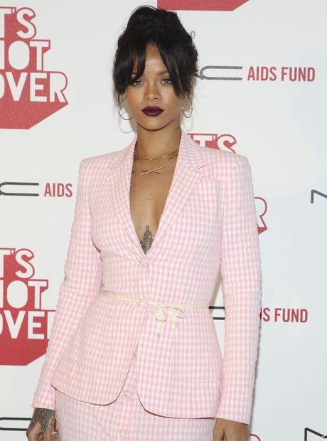 Rihanna in pink two-piece suit