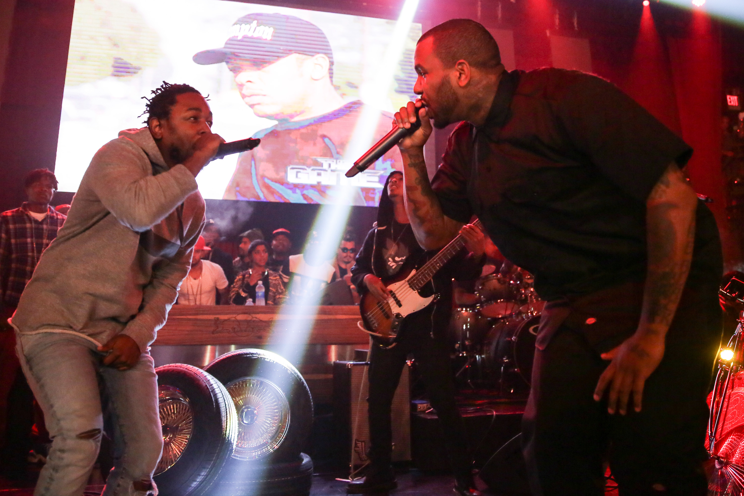 Kendrick Lamar and The Game on stage at 'The Docum