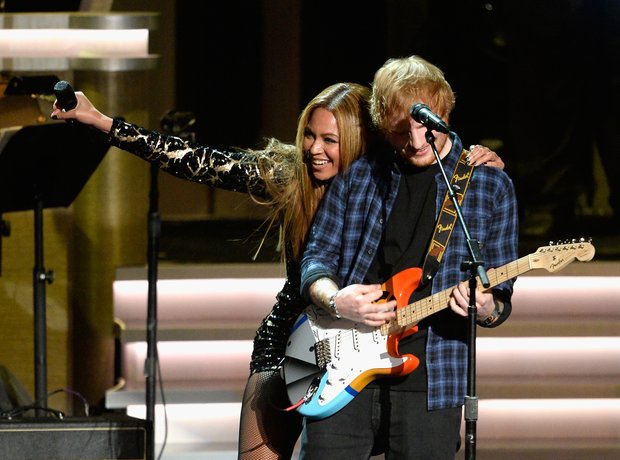 Beyonce and Ed Sheeran on stage at Stevie Wonder