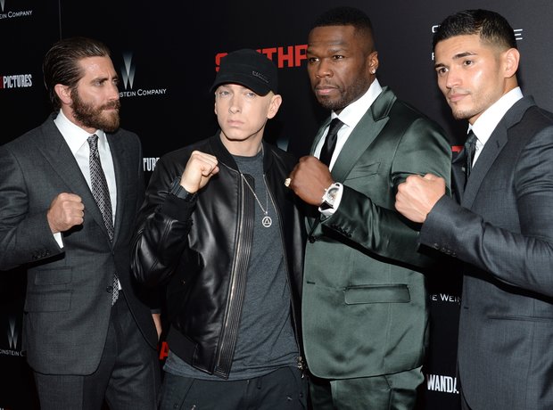 Jake Gyllenhaal, from left, Eminem, Curtis Jackson