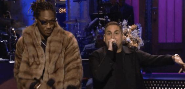 Jonah Hill and Future with microphones