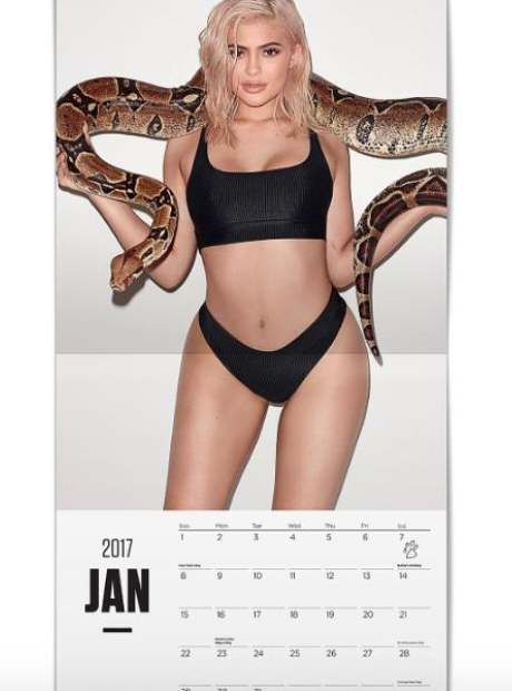 kylie jenner holding a snake in 2017 calendar