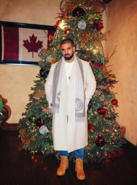 Drake in front of a Christmas tree