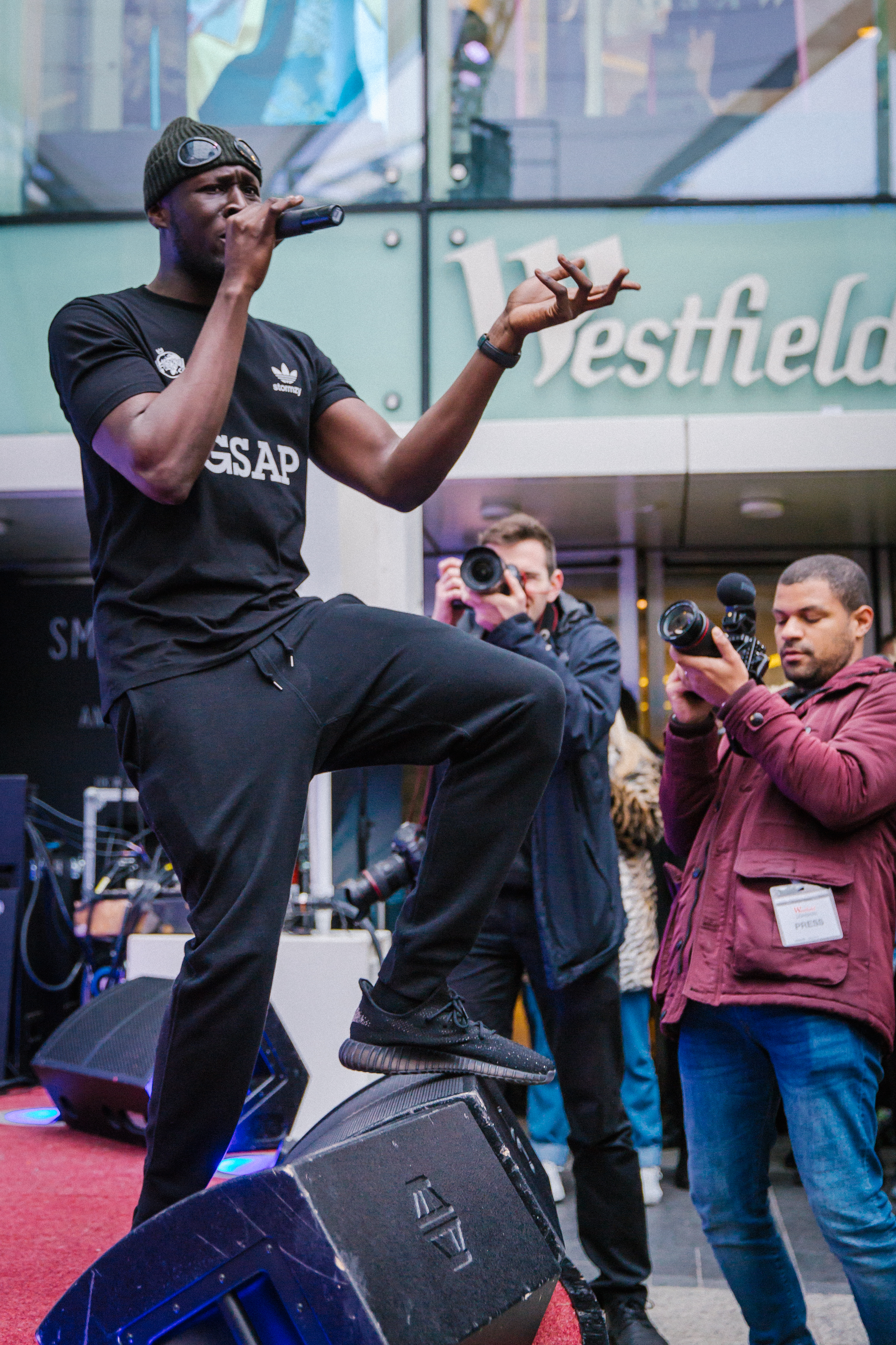 Stormzy performing at Westfield White City