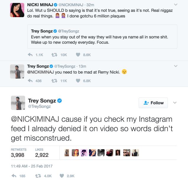 Trey Songz response to Nicki Minaj tweet
