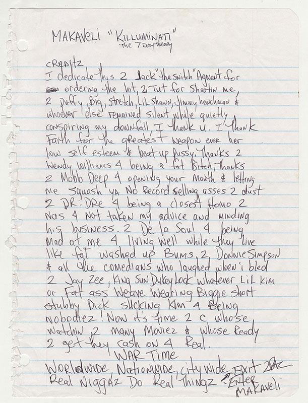 Notes de pochette manuscrites de Tupac